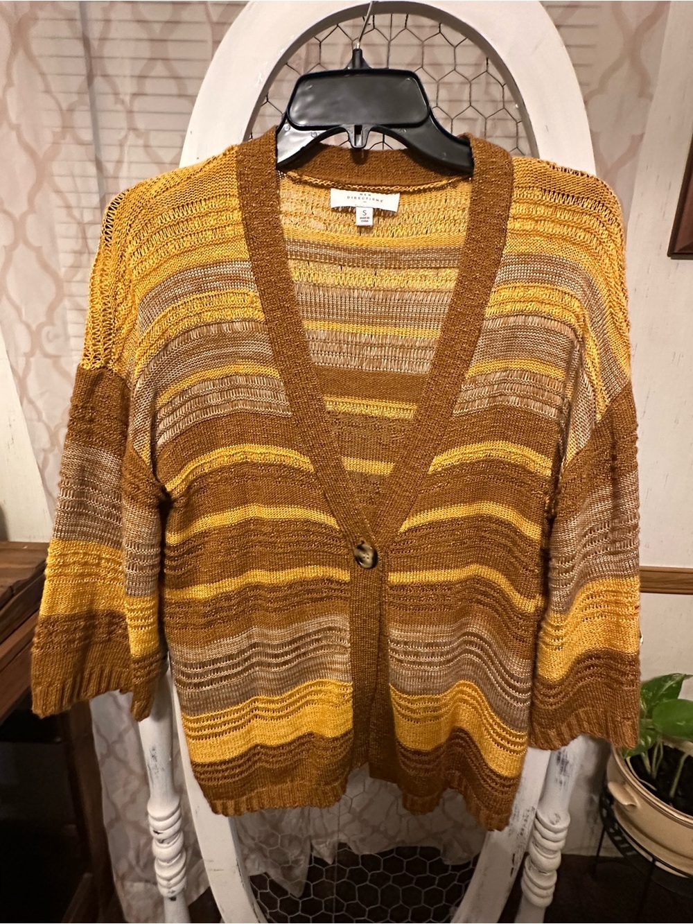new directions Striped Open-Front Cardigan in Mustard and Brown